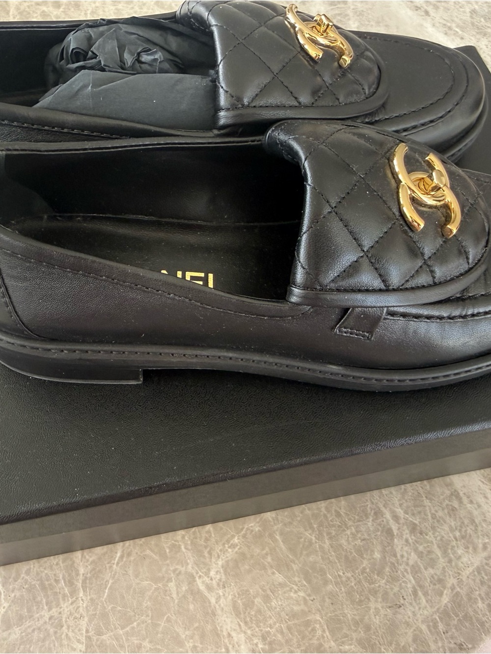 CHANEL Black Quilted Leather Loafers with Gold CC Emblem Worn Once - Picture 3 of 4
